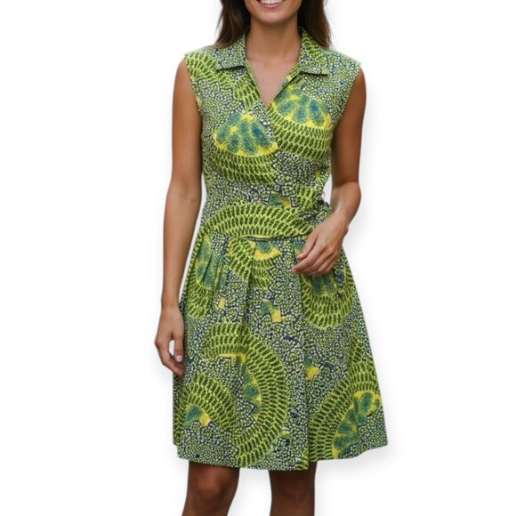 Ellen Tracy 12 Sleeveless Fit & Flare Green Blue Yellow Retro Print Tie Waist - Picture 1 of 11
